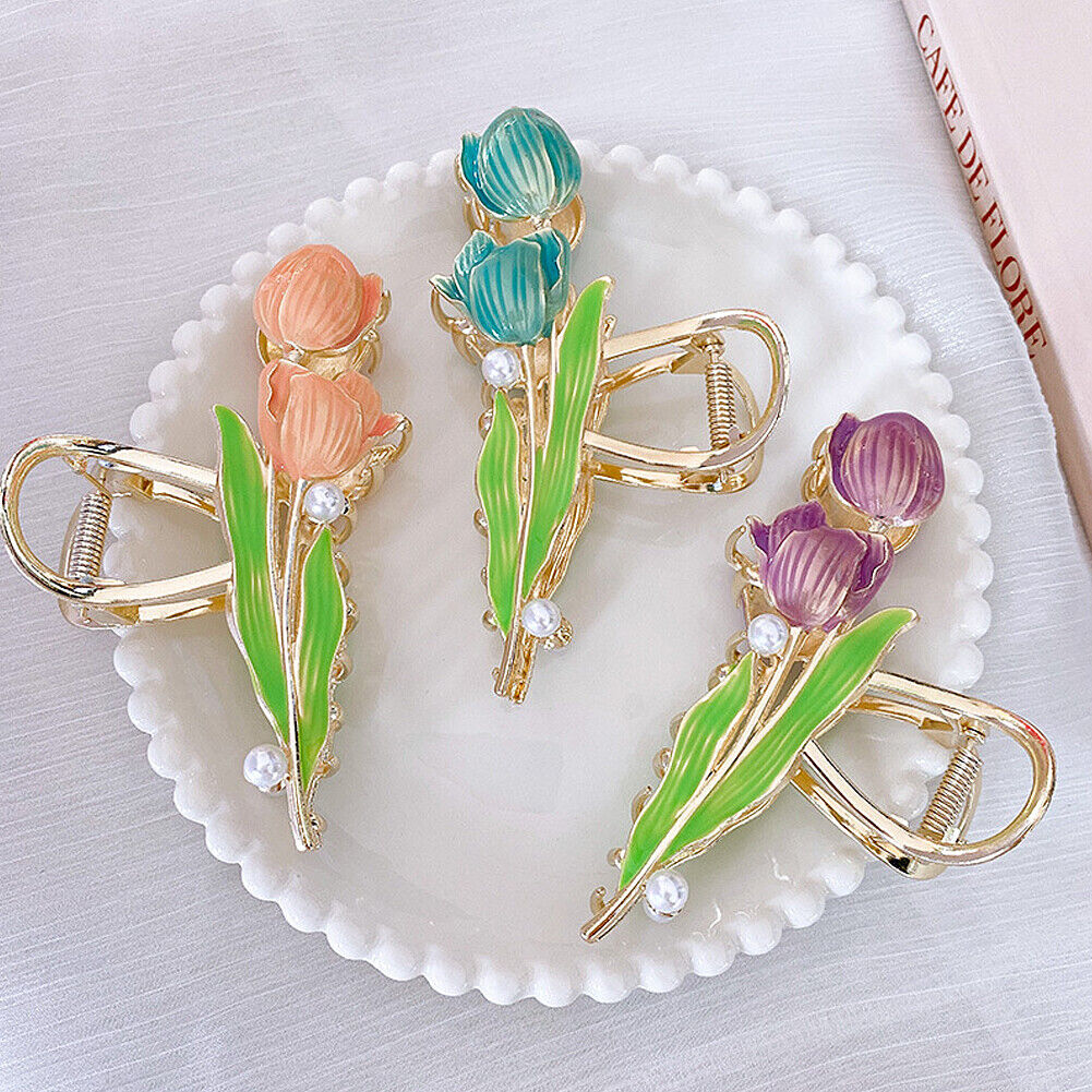 US 1~2 Pack Tulip Floral Enamel Large Metal Hair Claw Flower Blossom Hair Clips