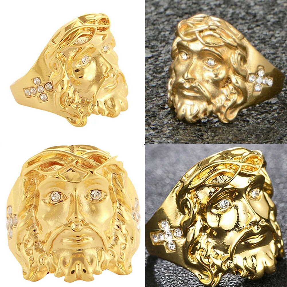 US Mens Gold Plated Cross Jesus Christ Face Ring Stainless Steel Size 8-11