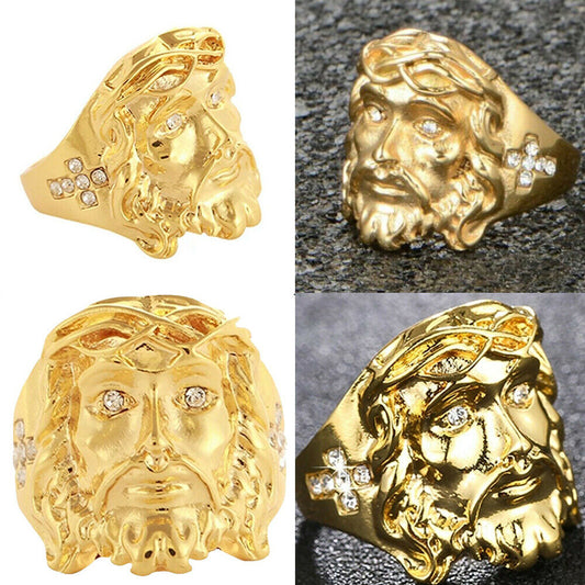 US Mens Gold Plated Cross Jesus Christ Face Ring Stainless Steel Size 8-11