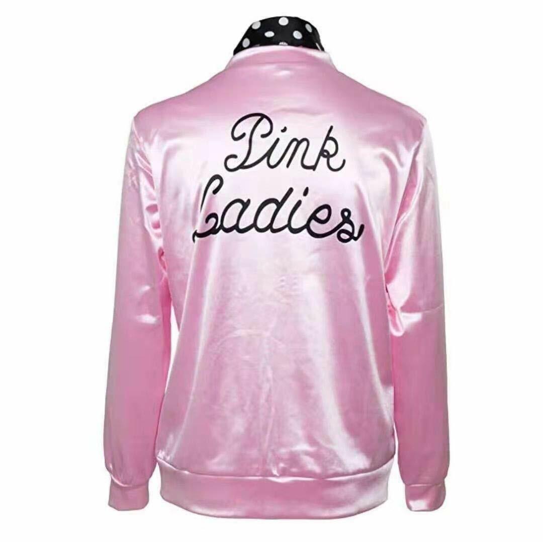 Womens 1950s Pink Satin Jacket with Neck Scarfs Adult & Kids Halloween Cosplay