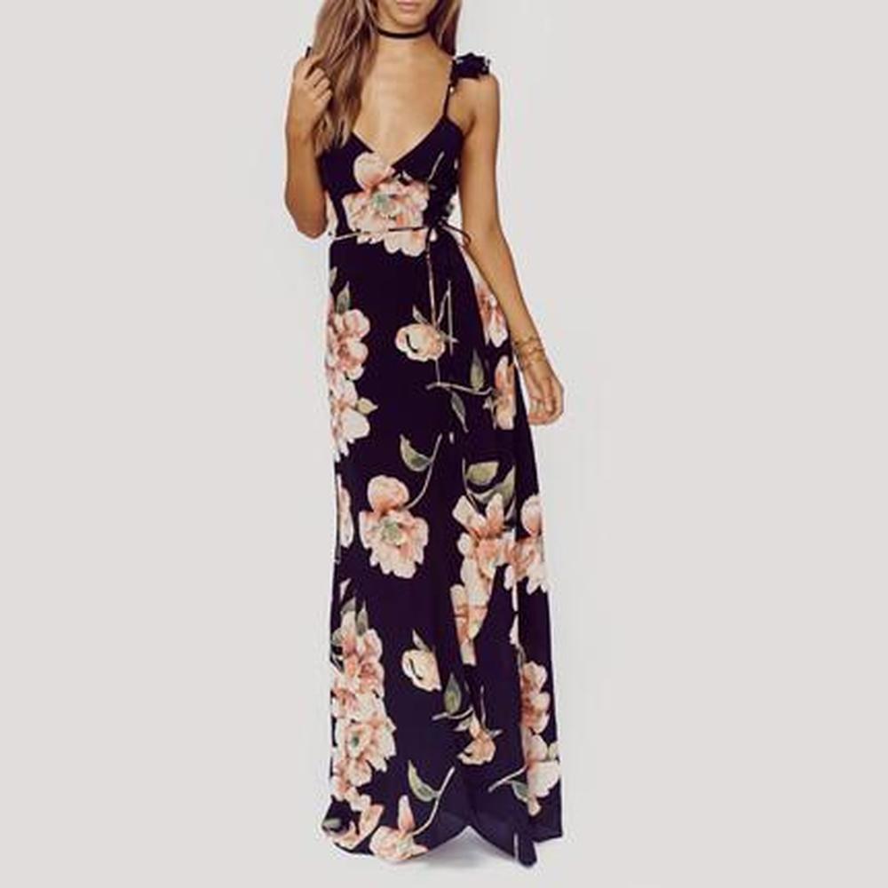 Fashion Floral Print Dress Women Backless Deep V-neck Sexy PartyCasual Bohemian