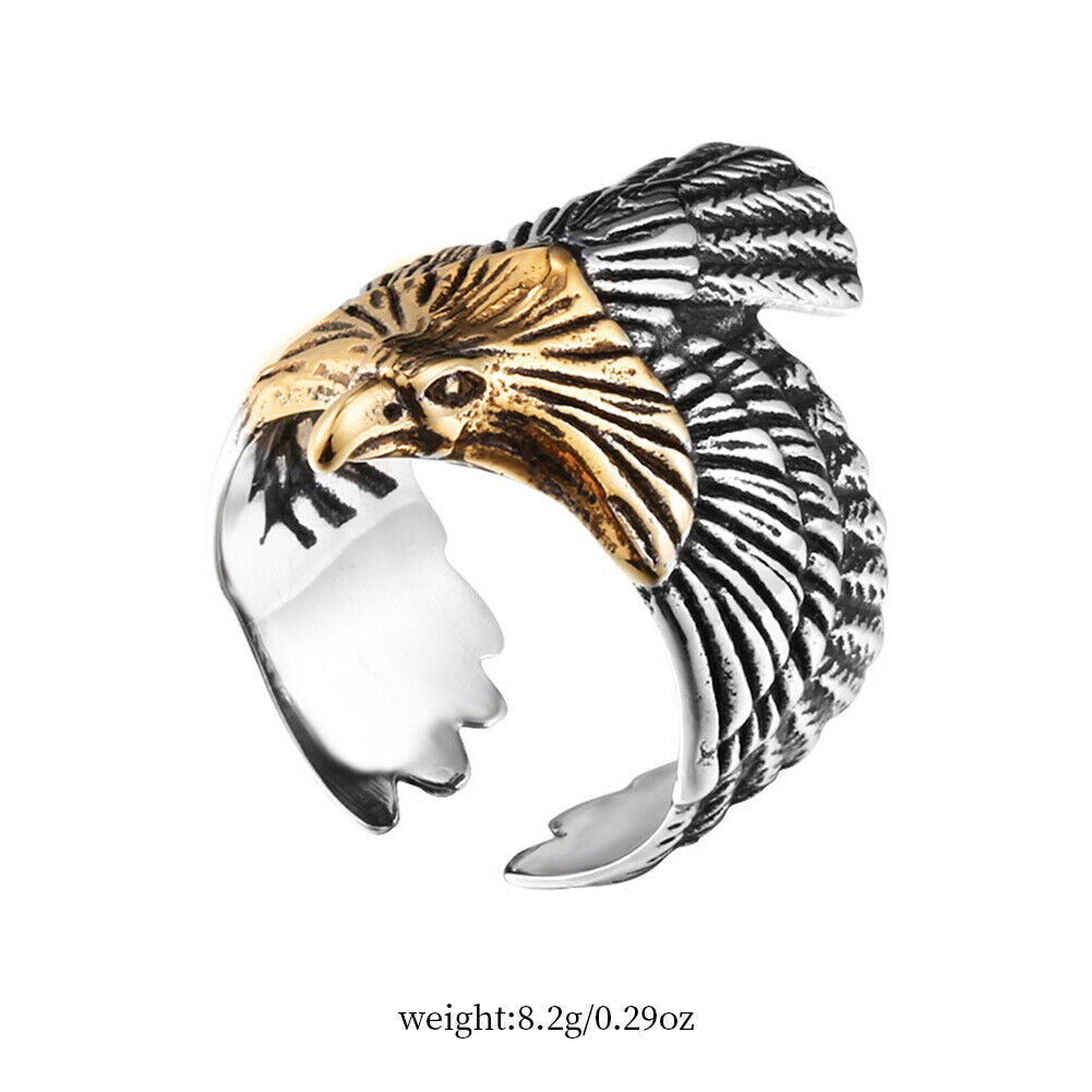 US Mens Stainless Steel Gold Plated Eagle Head Bird Biker Ring Men Size 8-11