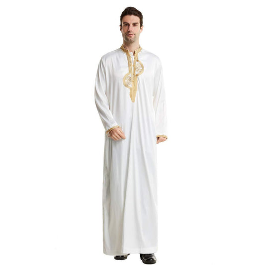 Men Arabic Long Sleeve Embroidery Thobe Stand Collar Kaftan Robe