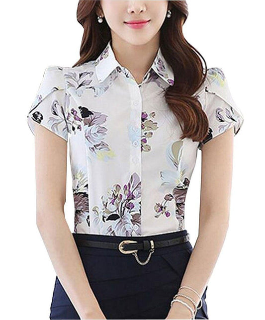 Women Cotton Collared Pleated Button Down Shirt Tulip Sleeve Blouse