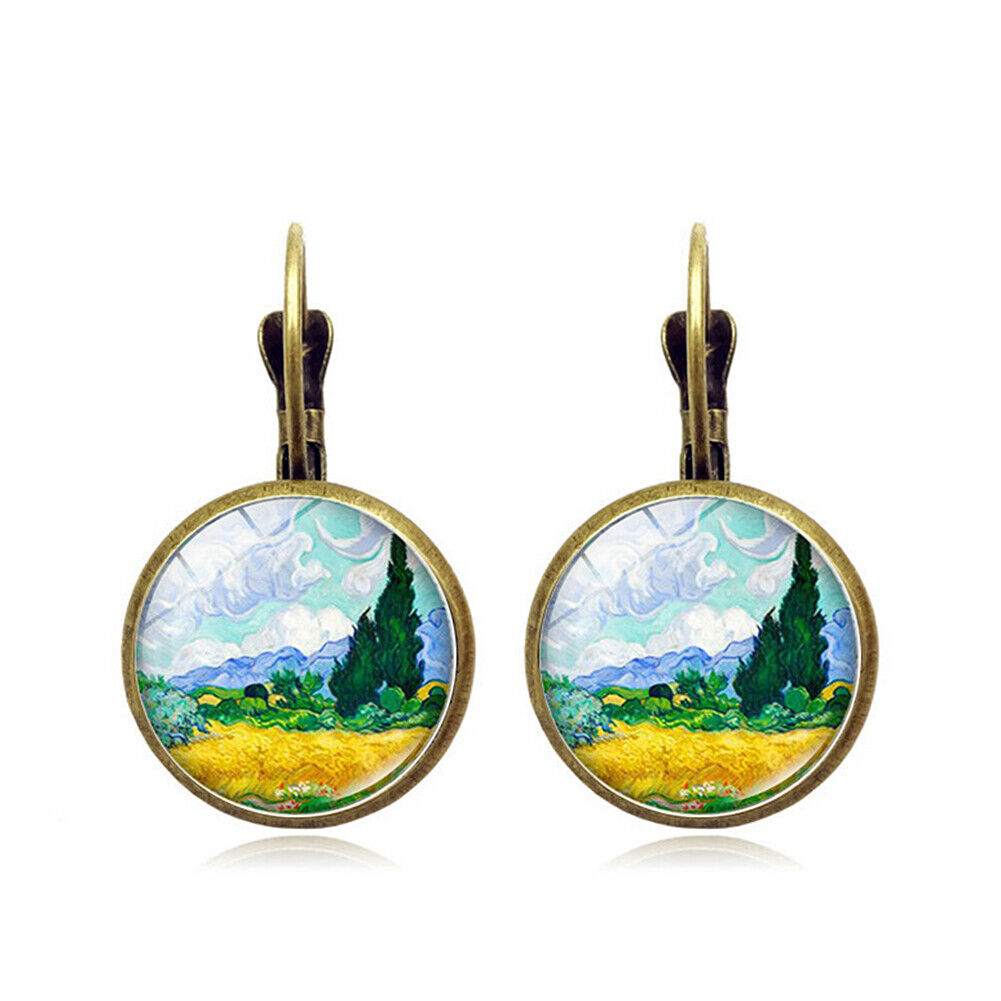 US Starry Night Van Gogh Sunflower Landscape Painting Glass Drop Dangle Earrings