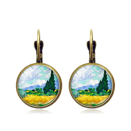 US Starry Night Van Gogh Sunflower Landscape Painting Glass Drop Dangle Earrings