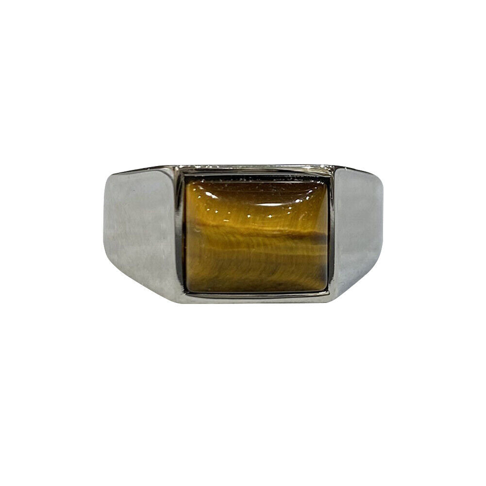 US Mens Stainless Steel Natural Tiger Eye Stone Ring For Men Size 7 8 8-11