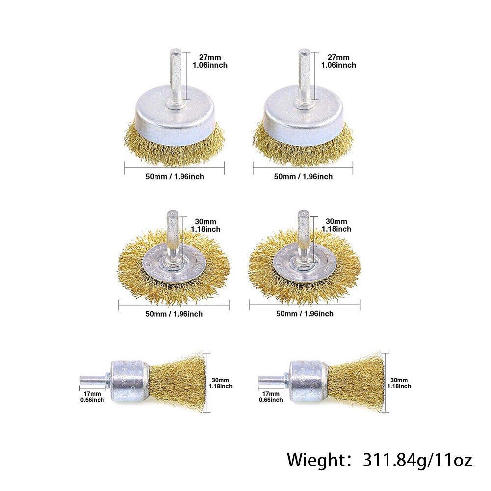US 6-12 Pcs Brass Wheel Cup Wire Brush Drill Bit Set Rust Paint Attachment 1/4"