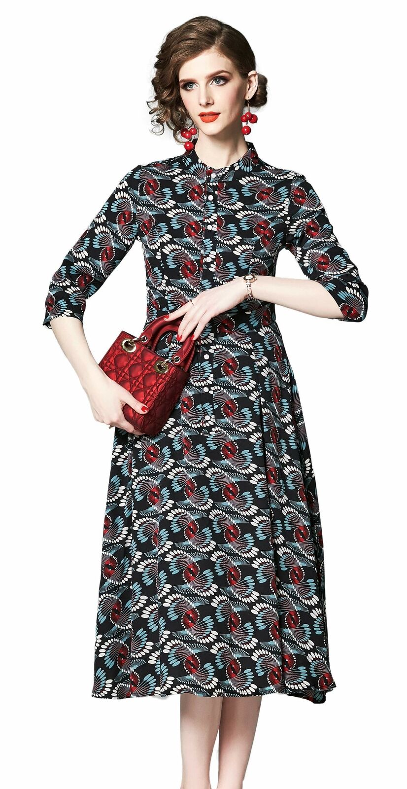 Women's Vintage Floral Printed Lotus Sleeves Elastic Waist  Cocktail Dress