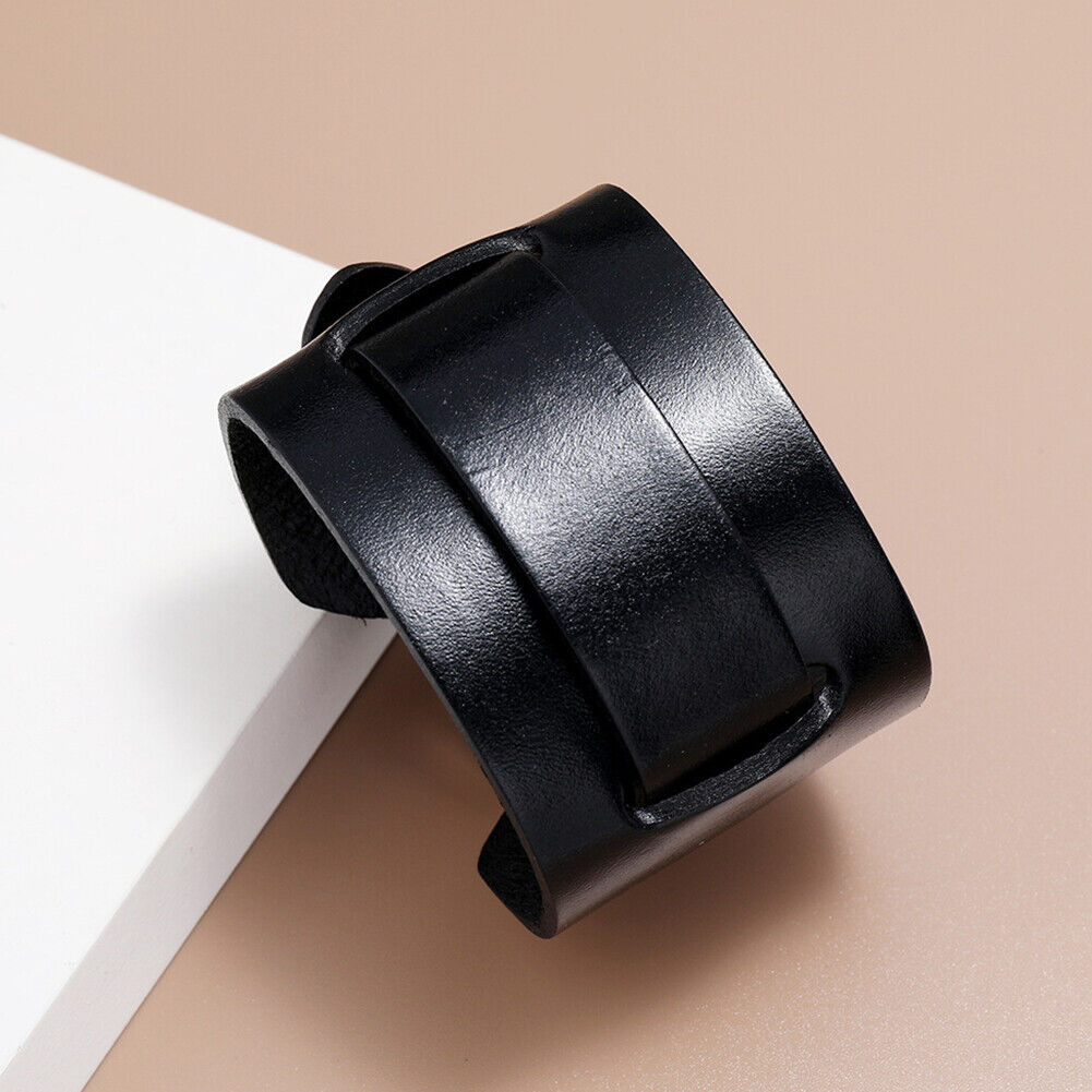 US 1-2 Pc Men's Punk Wide Genuine Leather Belt Wristband Bangle Cuff  Adjustable