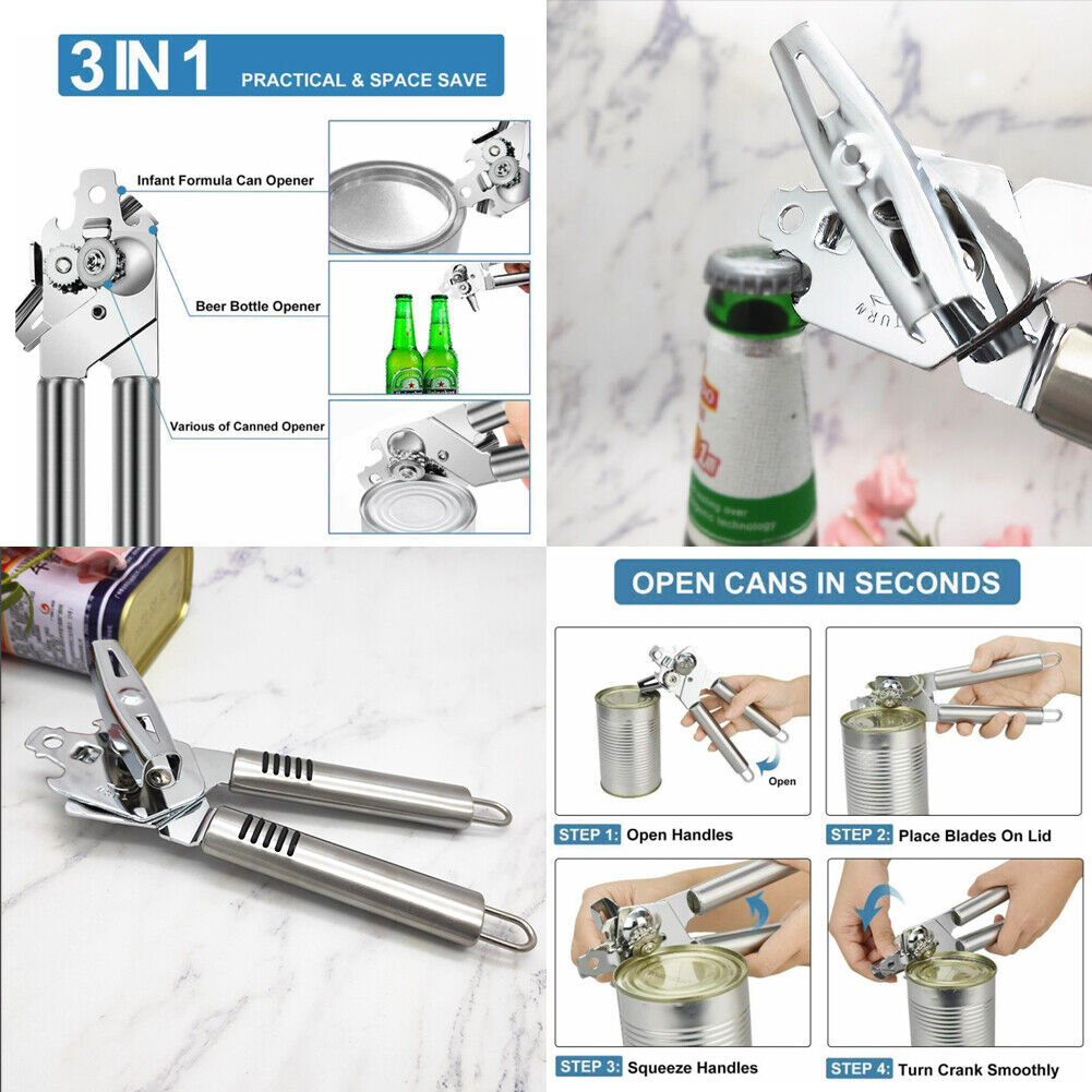 US 2-4 Pcs Can Opener 3-in-1 Kitchen Stainless Steel Heavy Duty Blades Chef Tool