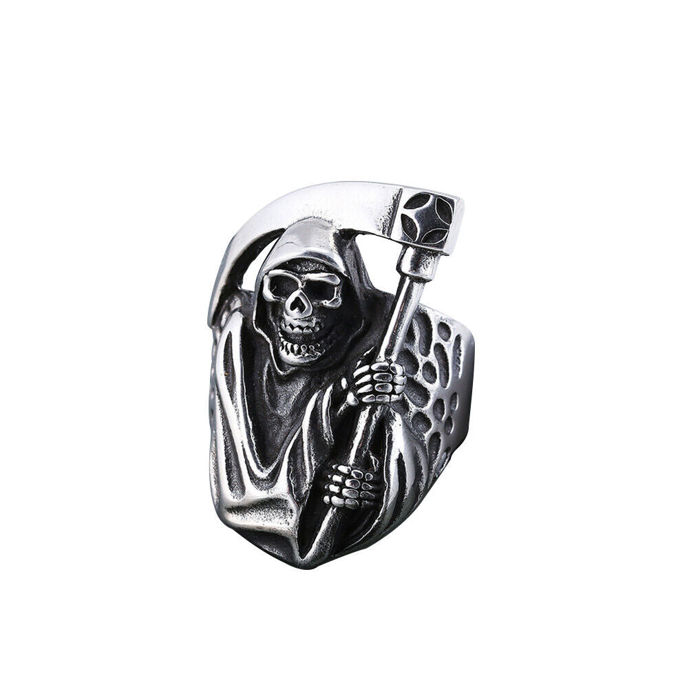 US 2 Pack Mens Biker Goth Death Skull Grim Reaper Ring Stainless Steel Size 8-12