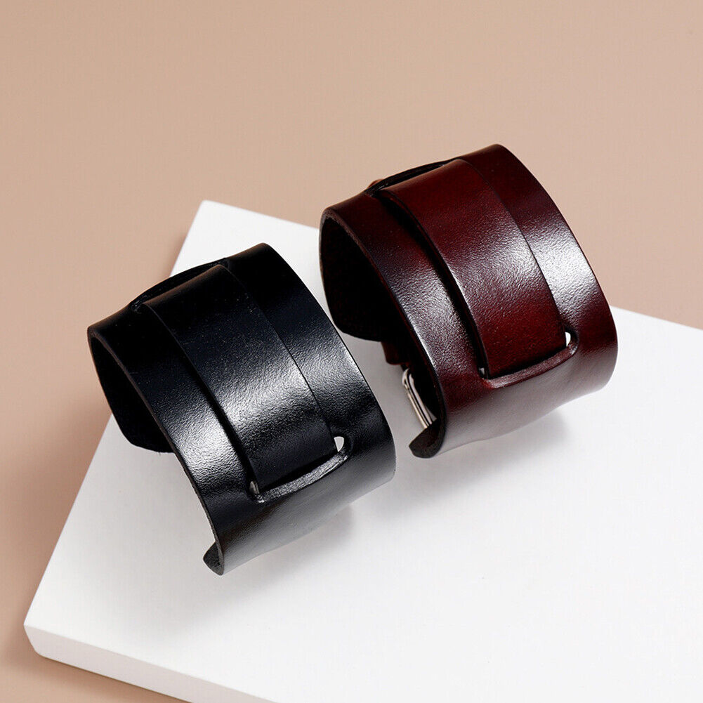 US 1-2 Pc Men's Punk Wide Genuine Leather Belt Wristband Bangle Cuff  Adjustable