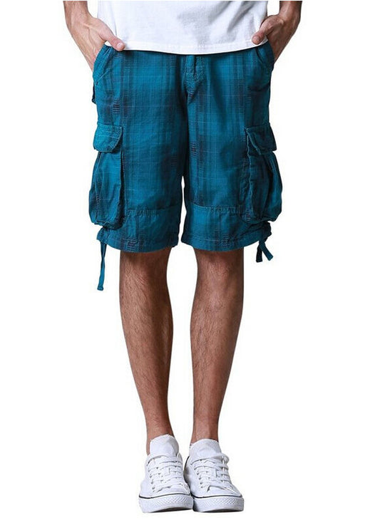 Match Men's Solid & Checked Cargo Shorts #3536, Blue Grid