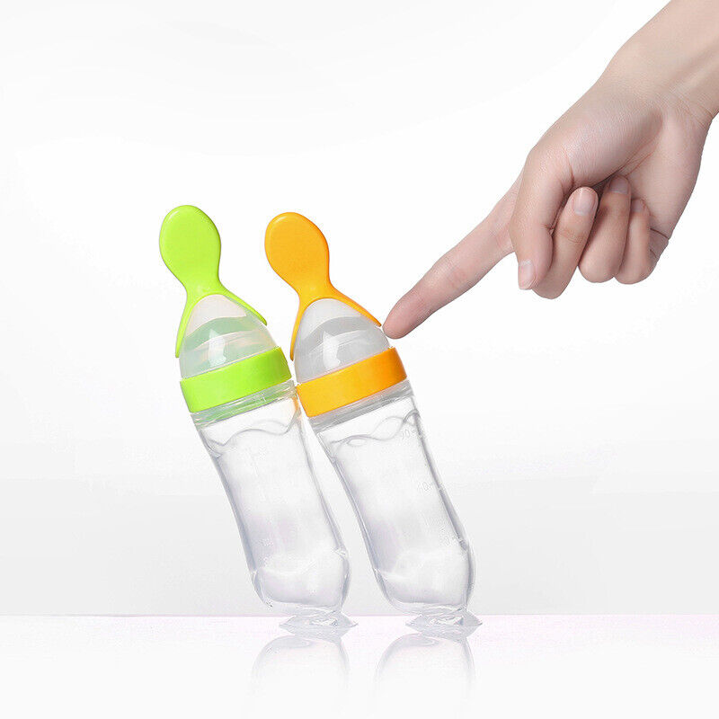 US Baby Silicone Squeeze Feeding Bottle w/Spoon Food Self-stand Feeder 3oz/90ML