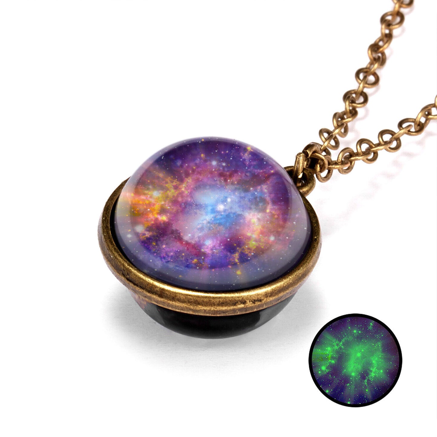 Glow in the Dark Galaxy Universe Stars Double Sided Glass Dome Planet NecklaceUS