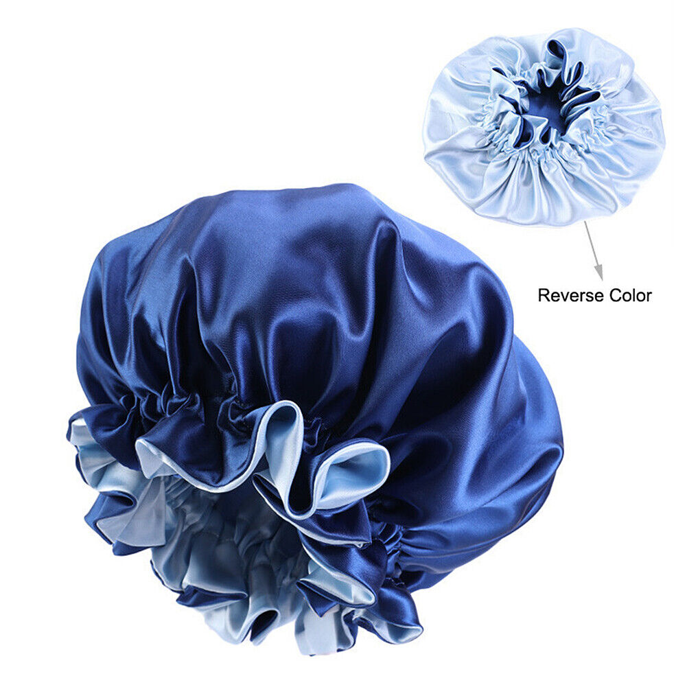 US Double-sided Satin Night Sleep Cap Hair Bonnet Hat Head Cover w/ Elastic Band