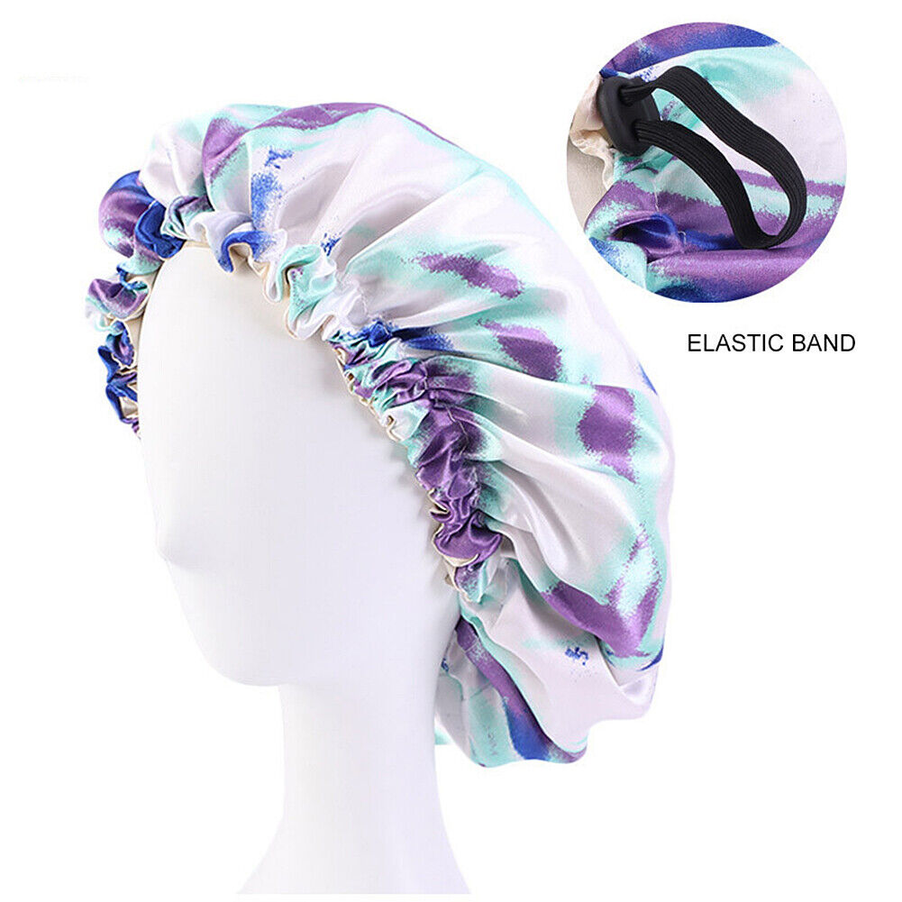 US Double-sided Satin Night Sleep Cap Hair Bonnet Hat Head Cover w/ Elastic Band