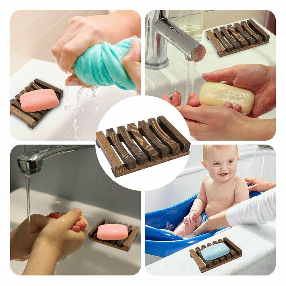 US 4-8 Pack Wooden Bamboo Soap Holder Dish Tray Multi Use Storage Case Container