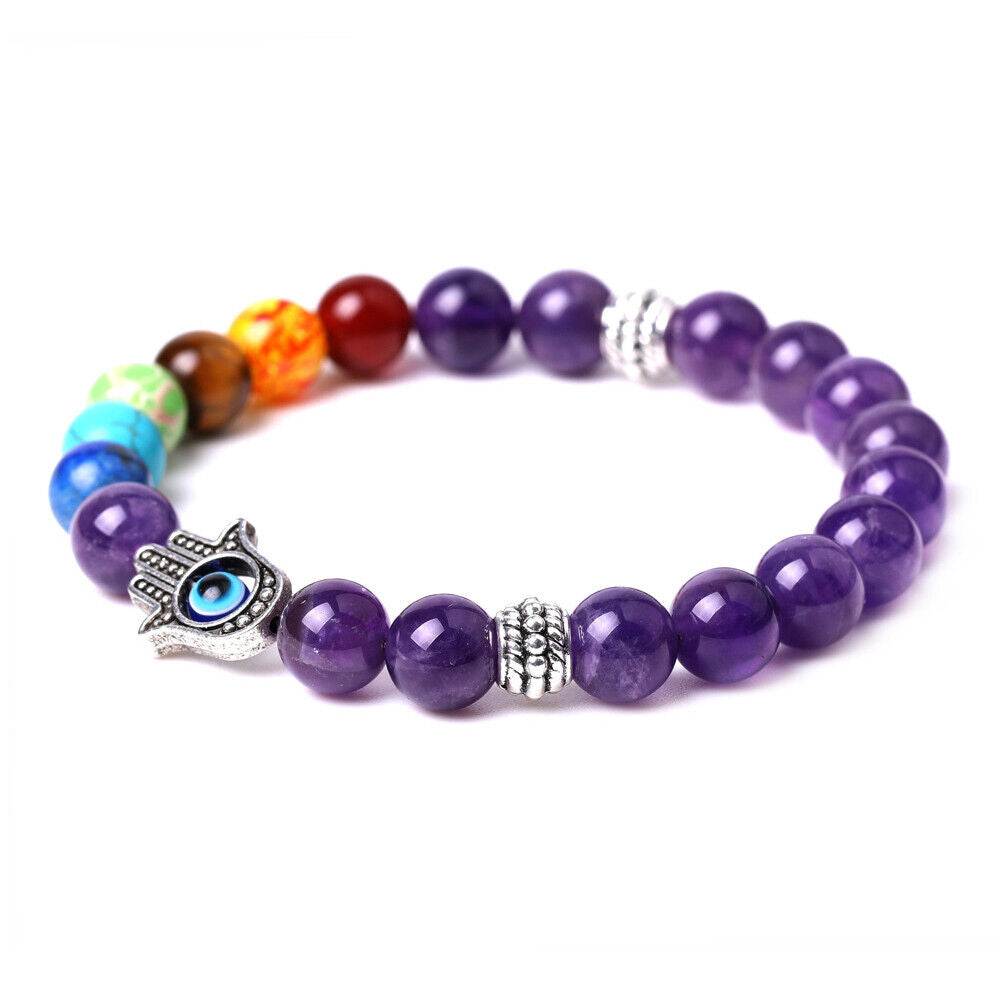 US 1-2Pcs Hamsa Hand Fatima 7-Chakra Lava Agate Beads Bracelet Reiki Energy Yoga