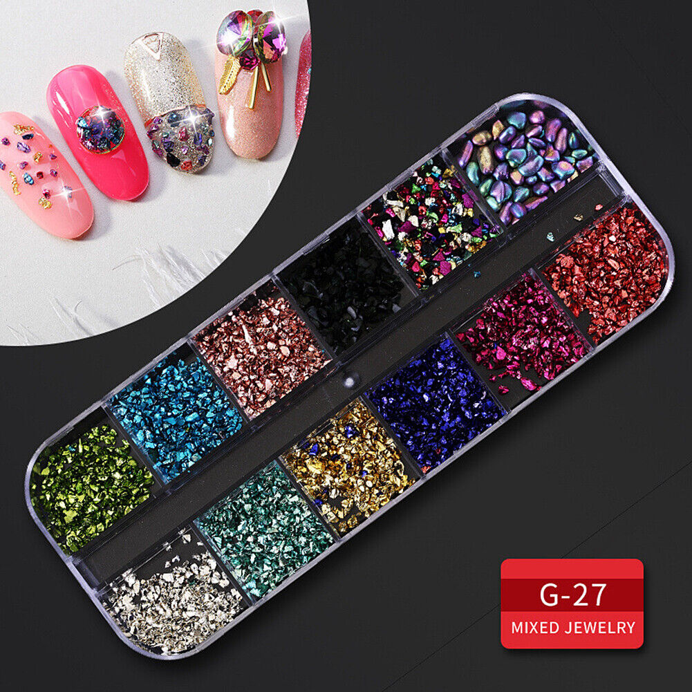 US 12 Grids Nail Glitter Flakes Sequins Rhinestones Pearl Nail Art Decorations