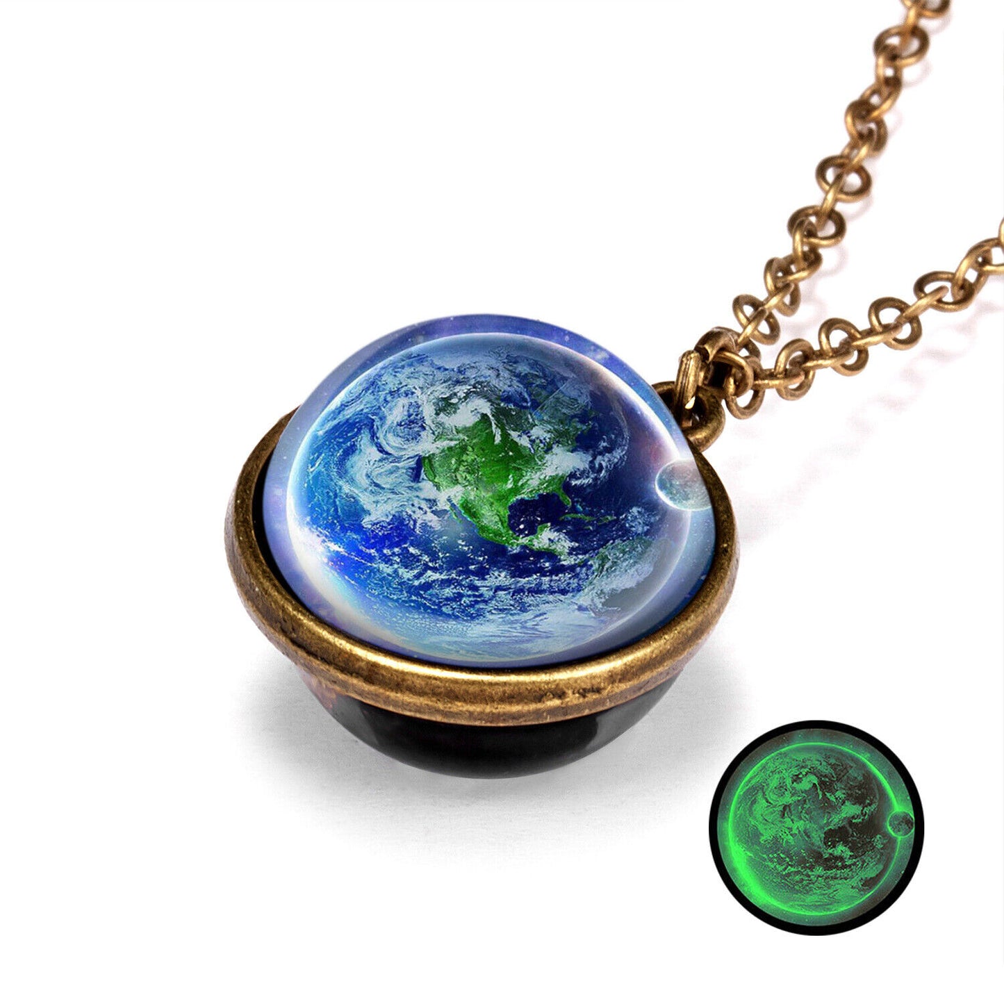 Glow in the Dark Galaxy Universe Stars Double Sided Glass Dome Planet NecklaceUS