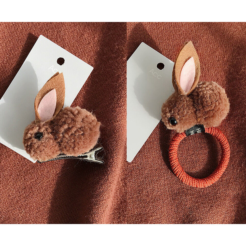 US Pompom Ball Rabbit Hair Rope Tie Ponytail Holder + Hair Clip Girl Gift Set