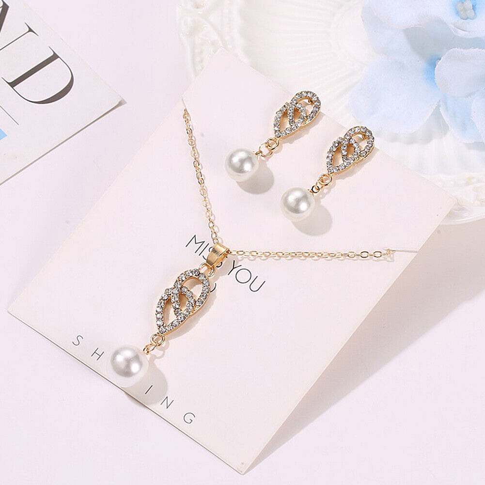 US 2 Pcs Pearl Rhinestone Crystal Peacock Themed Necklace + Earrings Jewelry Set