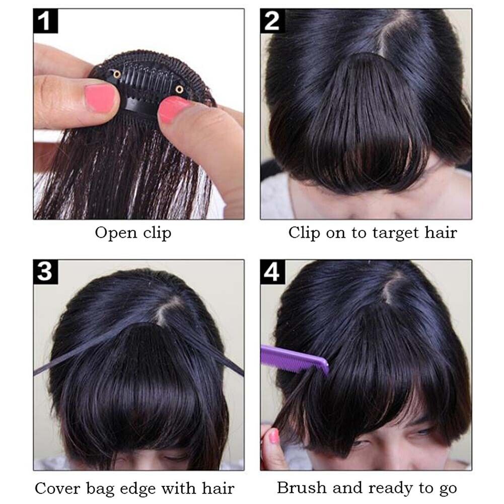 US Clip in on Thin Neat Bangs Human Hair Front Fringe Hair Extensions Hairpiece