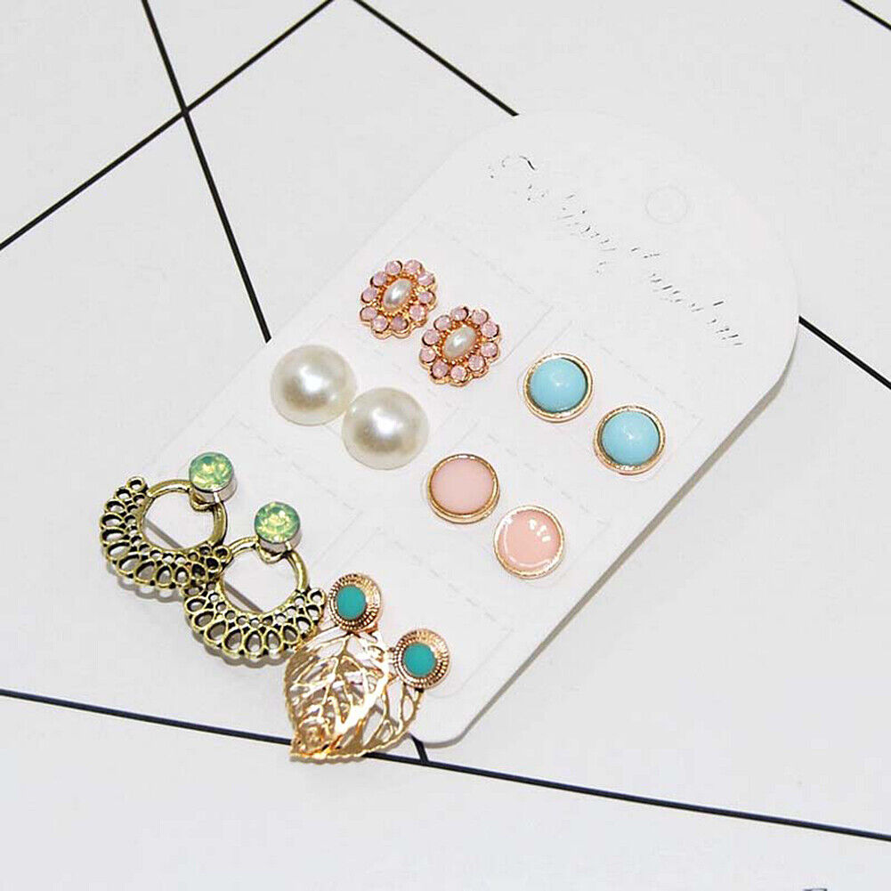 US Lot 4~12 Pairs Rhinestone Crystal Pearl Earrings Set Women Ear Stud Jewelry