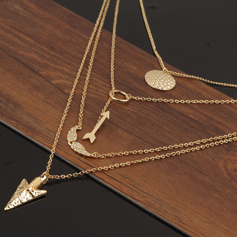 US Boho Women Multi-layer Long Chain Pendant Crystal Choker Necklace Jewelry