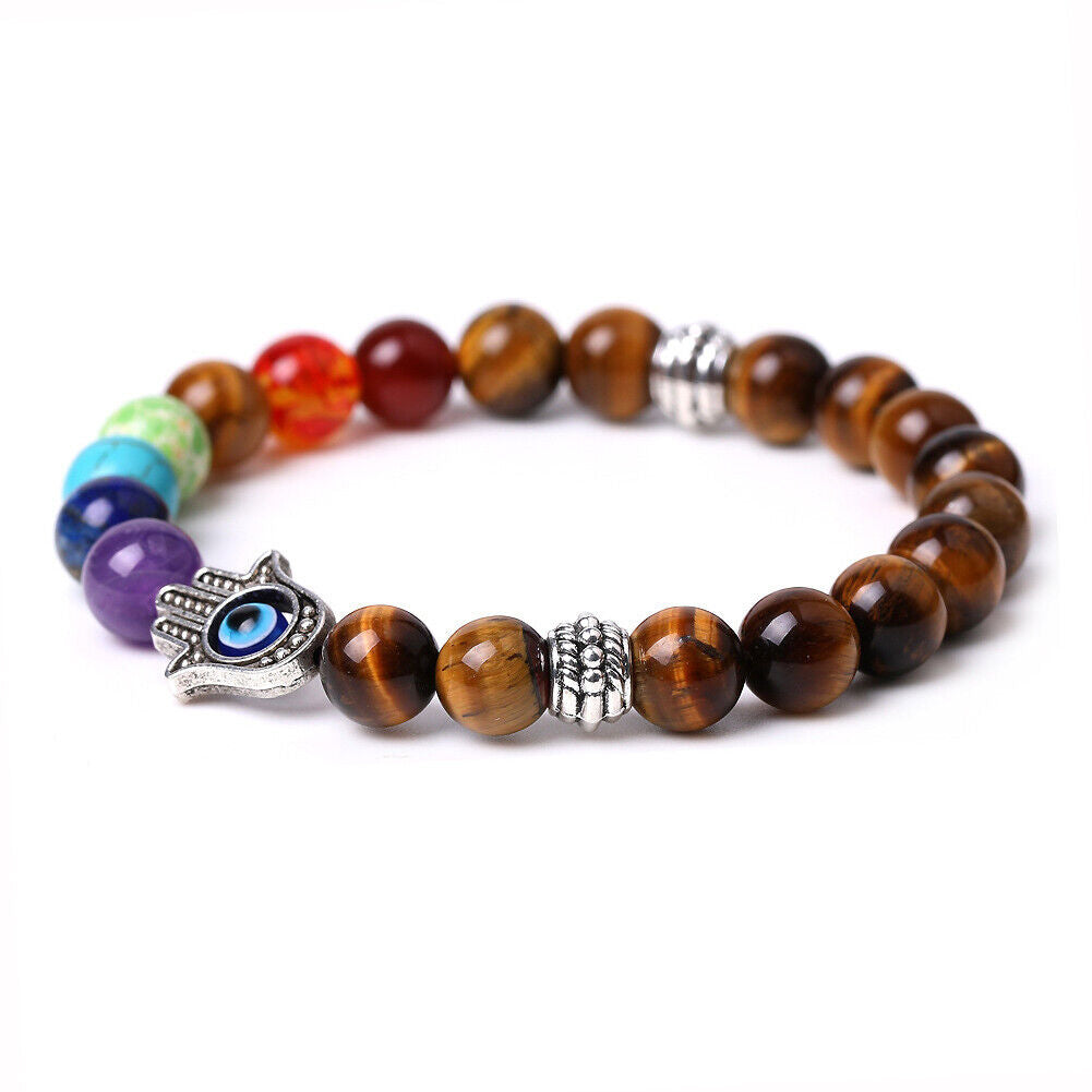 US 1-2Pcs Hamsa Hand Fatima 7-Chakra Lava Agate Beads Bracelet Reiki Energy Yoga