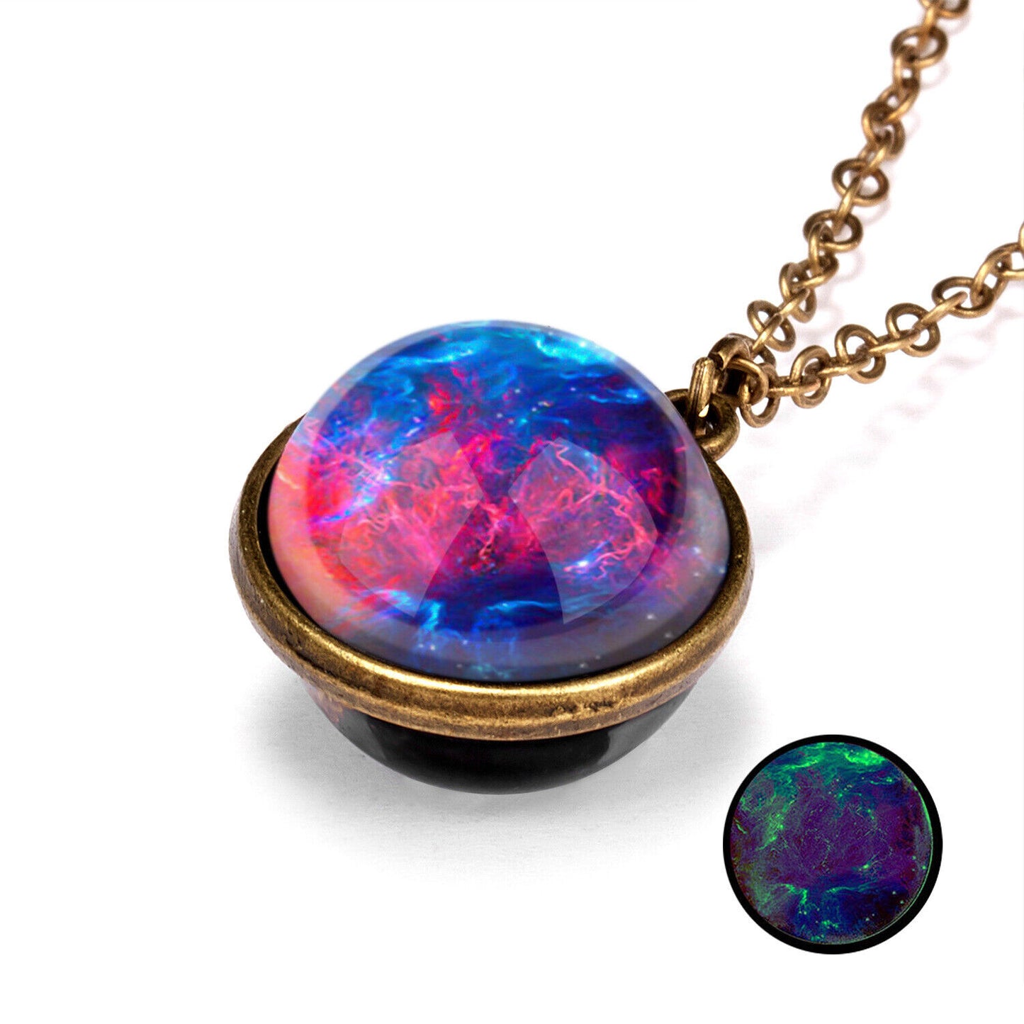 Glow in the Dark Galaxy Universe Stars Double Sided Glass Dome Planet NecklaceUS