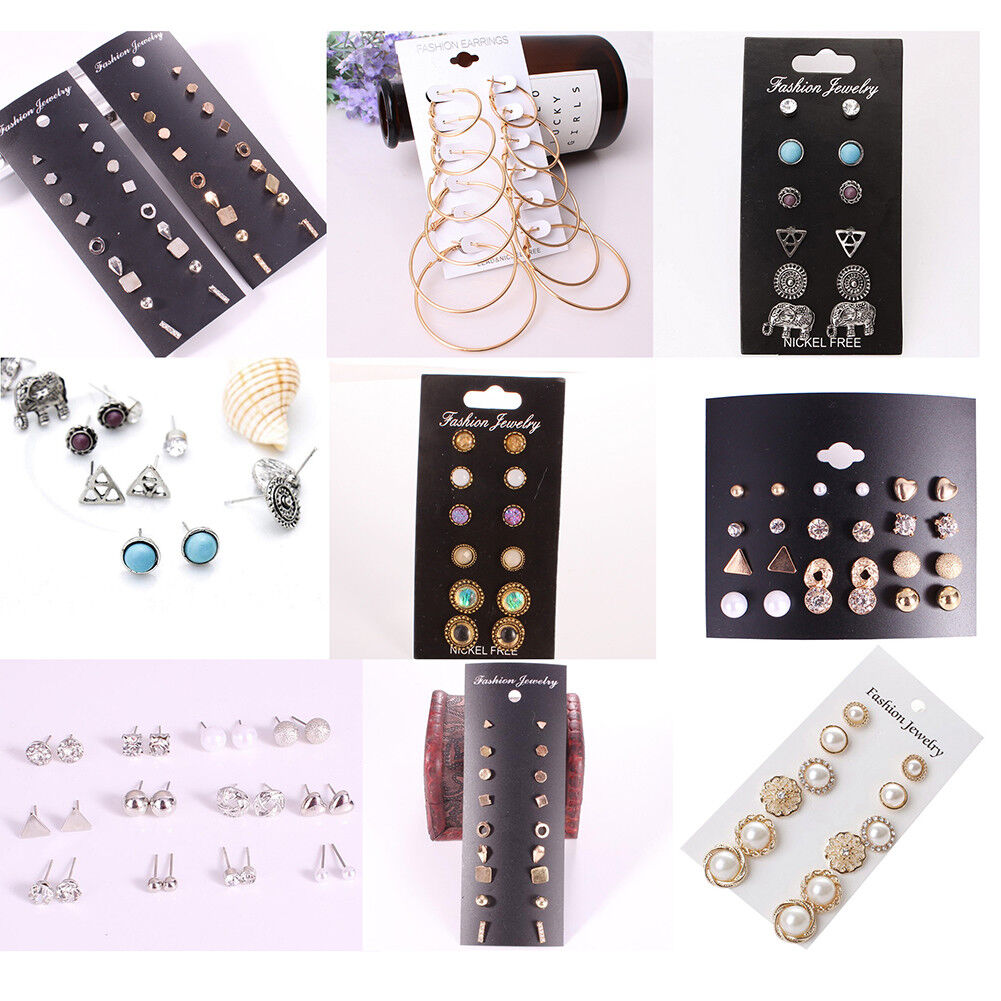 US Lot 4~12 Pairs Rhinestone Crystal Pearl Earrings Set Women Ear Stud Jewelry