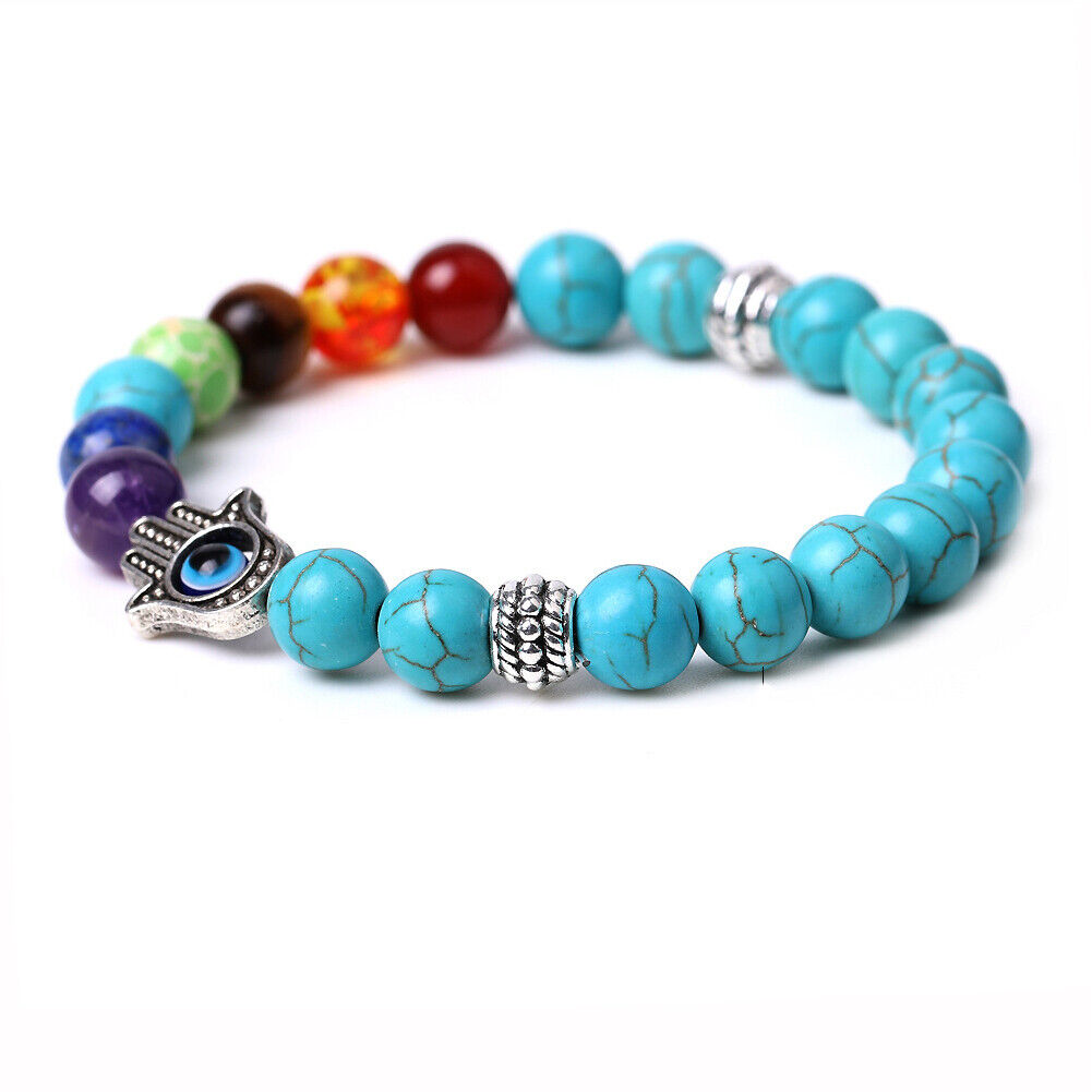 US 1-2Pcs Hamsa Hand Fatima 7-Chakra Lava Agate Beads Bracelet Reiki Energy Yoga