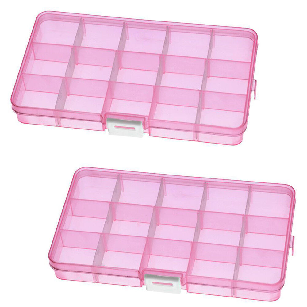 2 Pack Plastic Storage Box Jewelry Earring Tool Containers w/Divider, 10-15 Grid