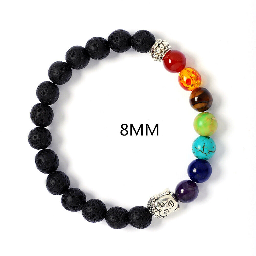 US 7-Chakra Healing Buddha Lion Drum Beads Lava Stone Reiki Meditation Bracelet