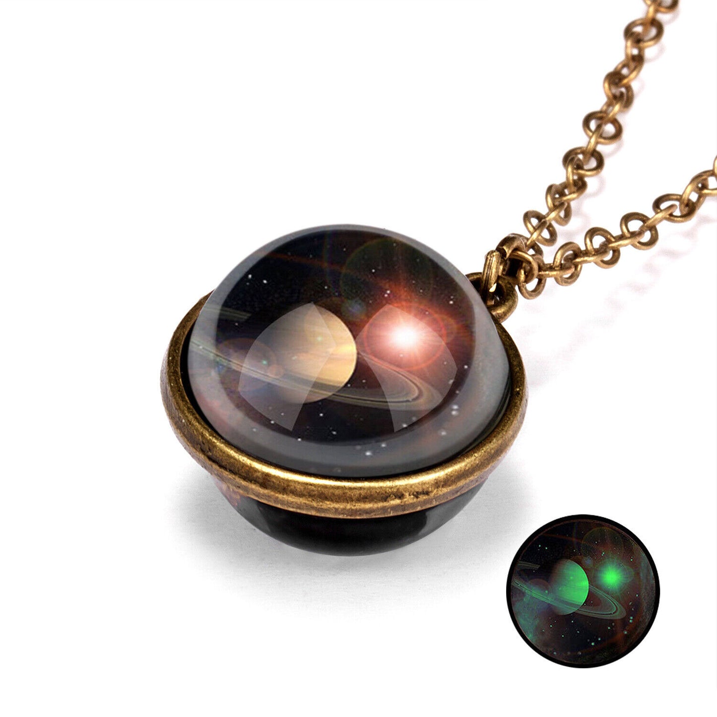 Glow in the Dark Galaxy Universe Stars Double Sided Glass Dome Planet NecklaceUS