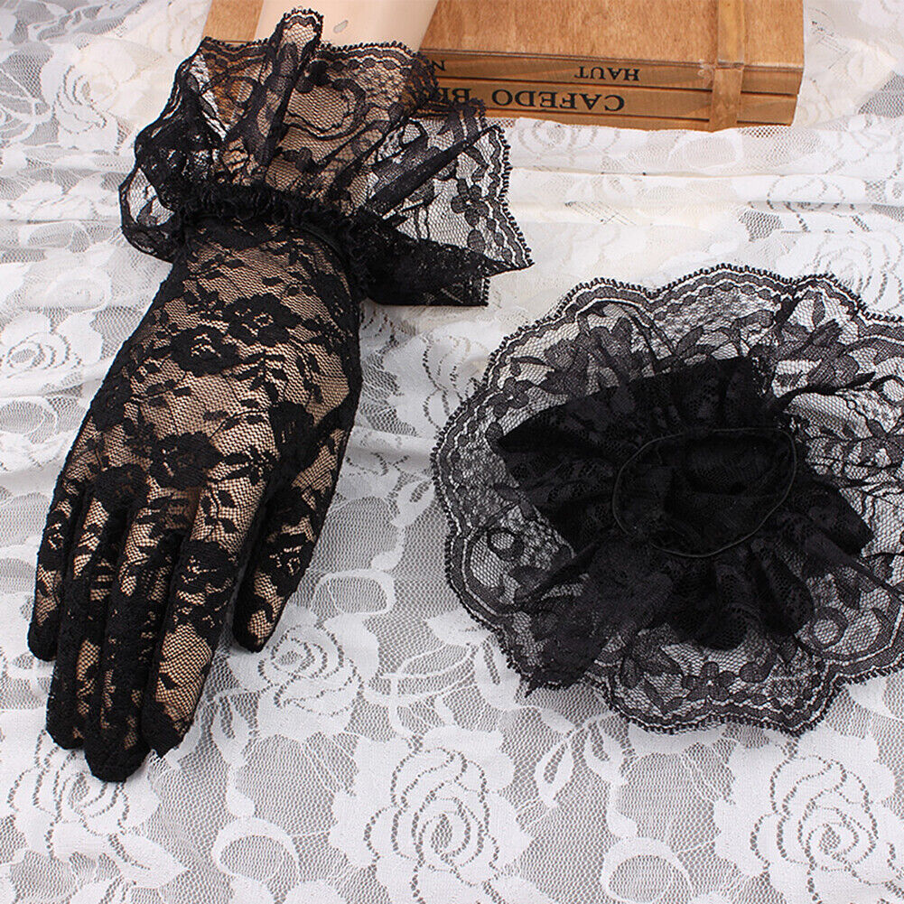 US 1-2 Pairs Sexy Lace Wrist Length Gloves w/ Ruffle Bride Wedding Prom Anti UV