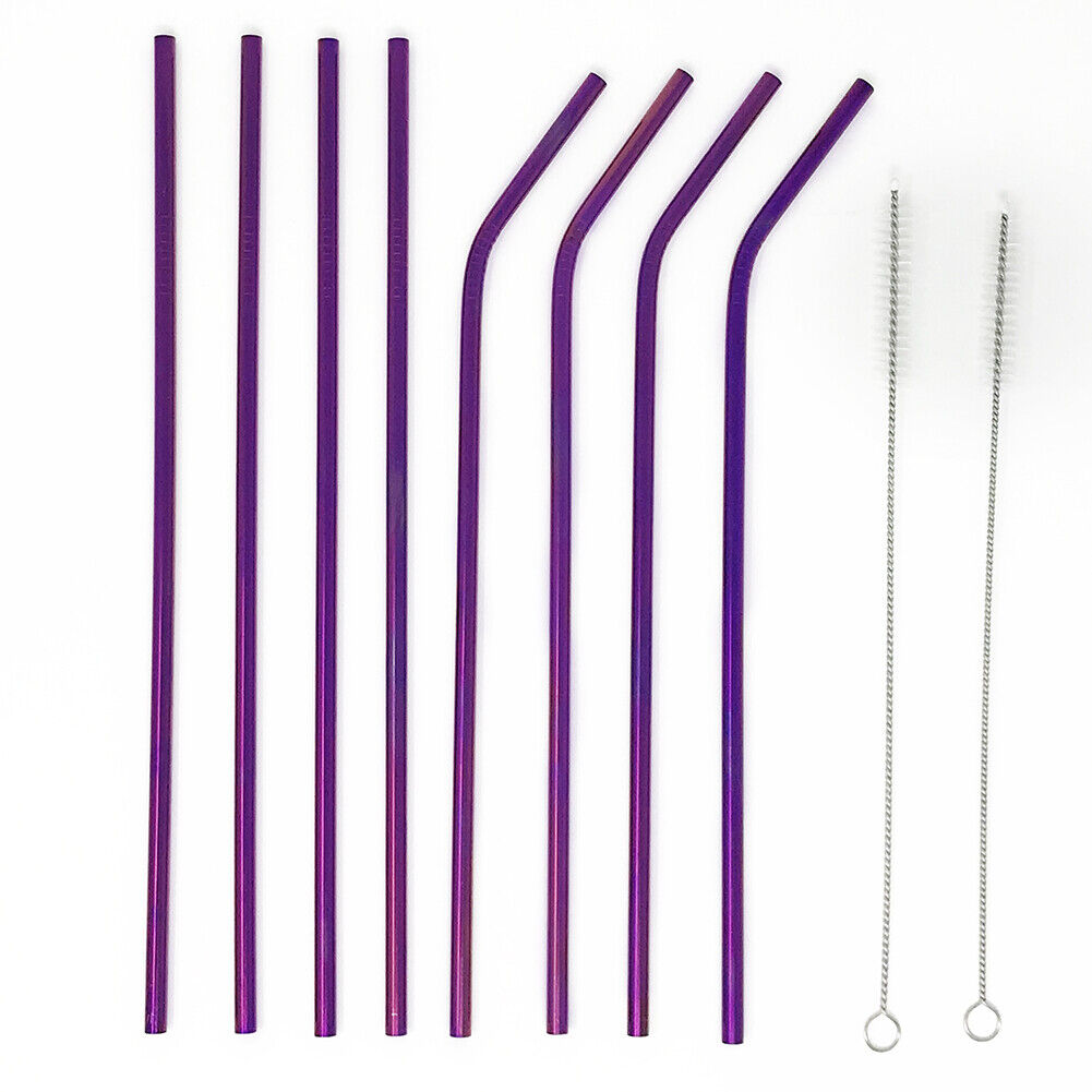 US 8pcs 10.5" Stainless Steel Ultra Long Metal Cocktail Straw + 2 Cleaner Brush