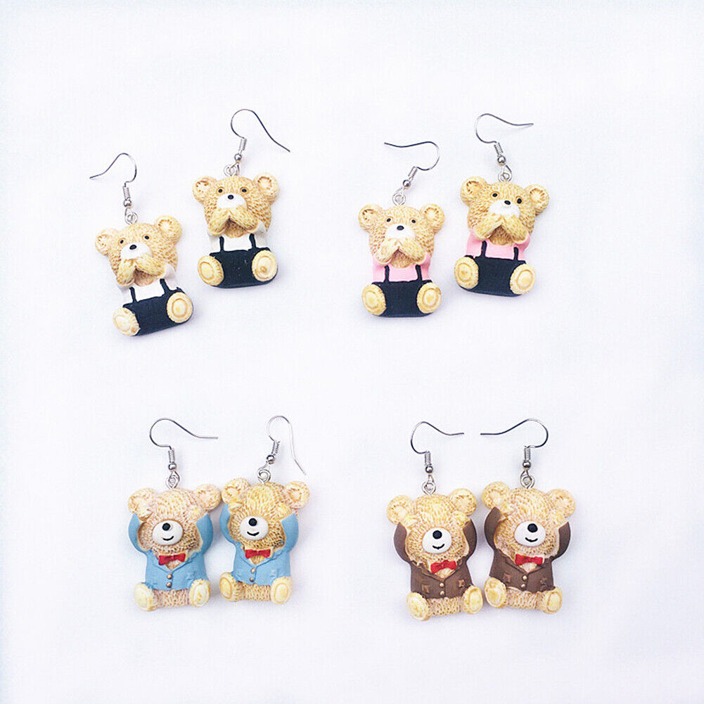 US Cute Bear in Suit Emotional Face Expression Earrings Miniature Jewelry Gifts