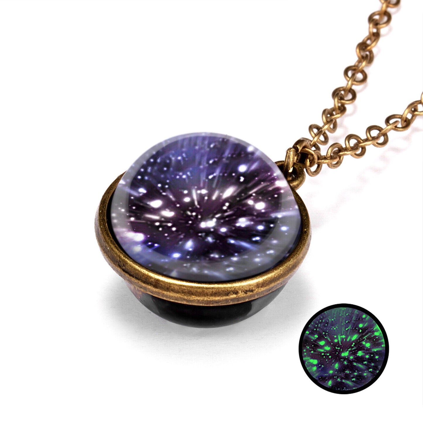 Glow in the Dark Galaxy Universe Stars Double Sided Glass Dome Planet NecklaceUS