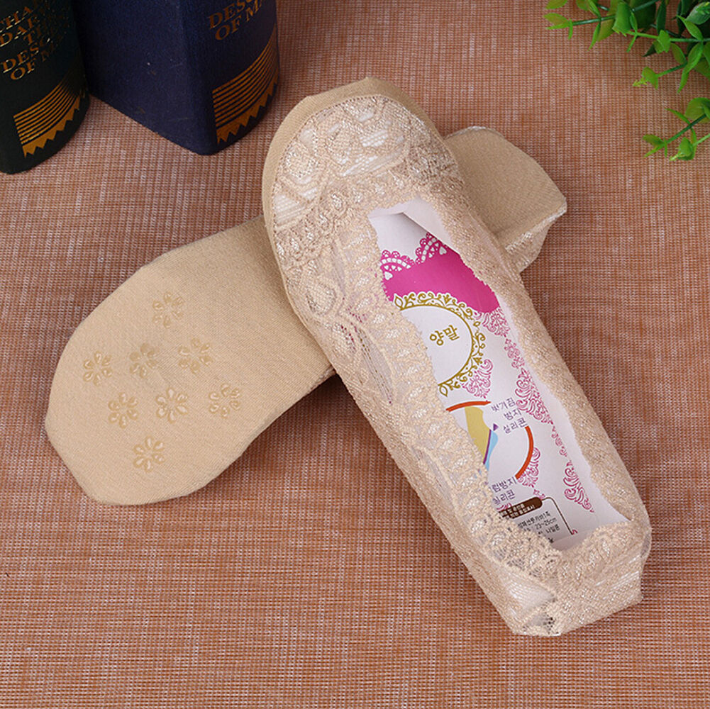 5 Pack Low Cut Lace Liner Boat Socks Ballet Plain Footies w/ Anti-slippery pads