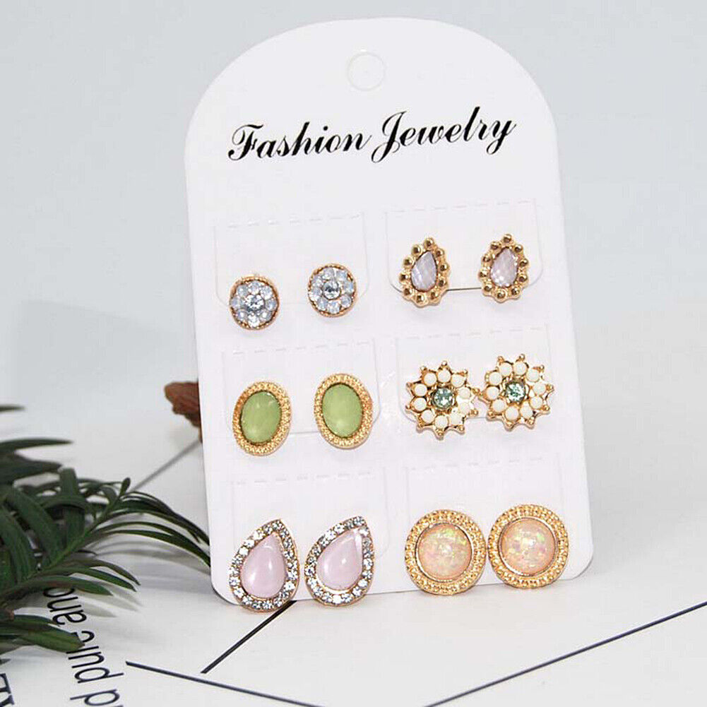 US Lot 4~12 Pairs Rhinestone Crystal Pearl Earrings Set Women Ear Stud Jewelry