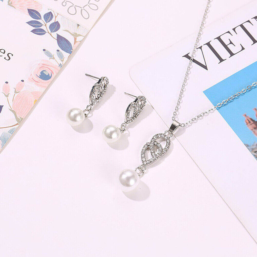 US 2 Pcs Pearl Rhinestone Crystal Peacock Themed Necklace + Earrings Jewelry Set