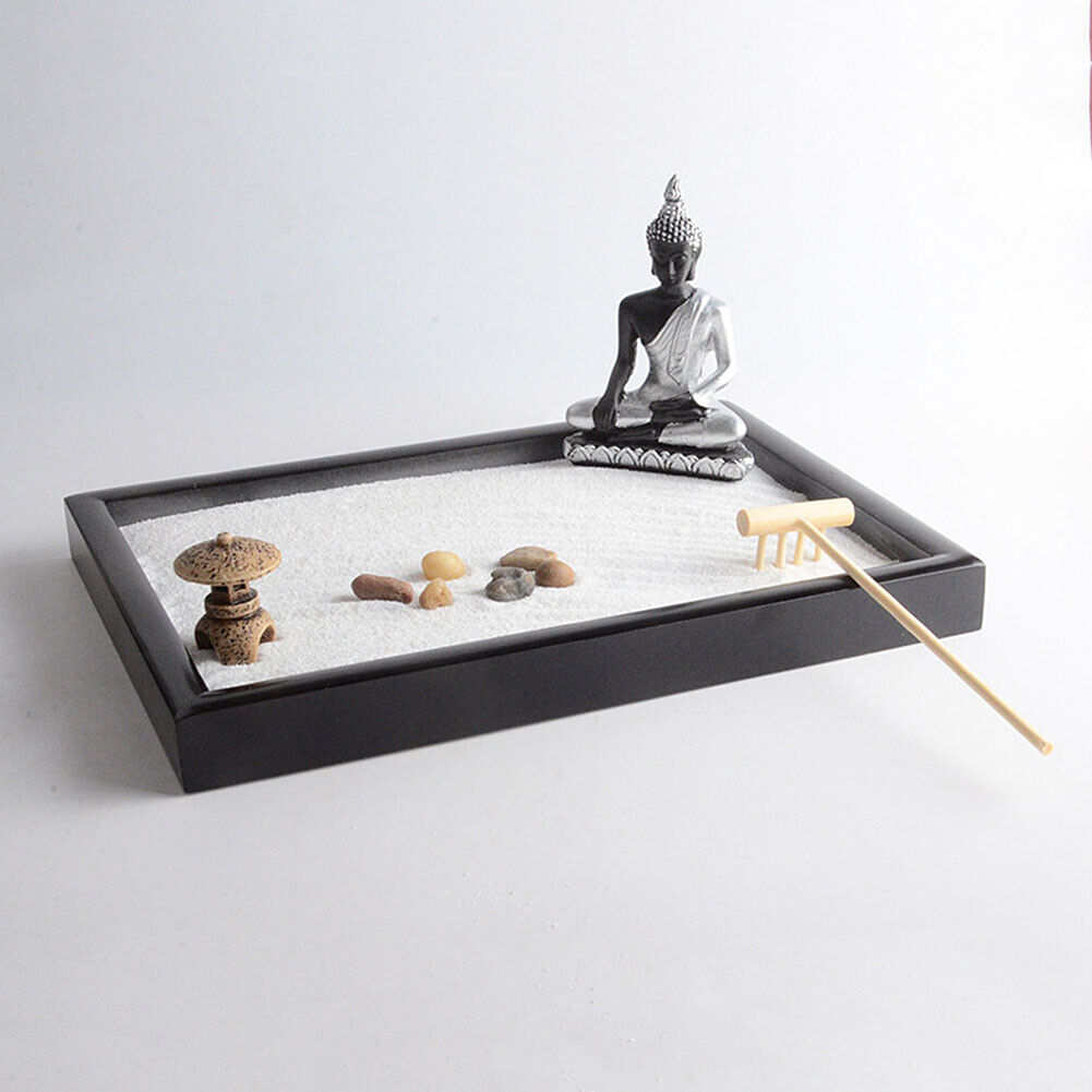 US Tabletop Mini Meditation Zen Garden w/ Pavilion statue Rock Venues Rake Sand
