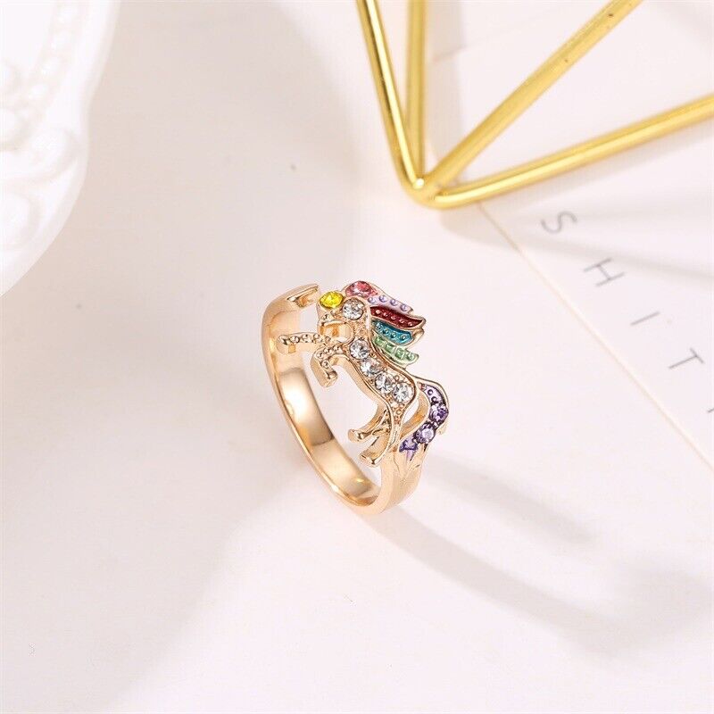 US Unicorn Jewelry Rainbow Rhinestone Crystal Necklace/ Bracelet/ Earring/ Ring