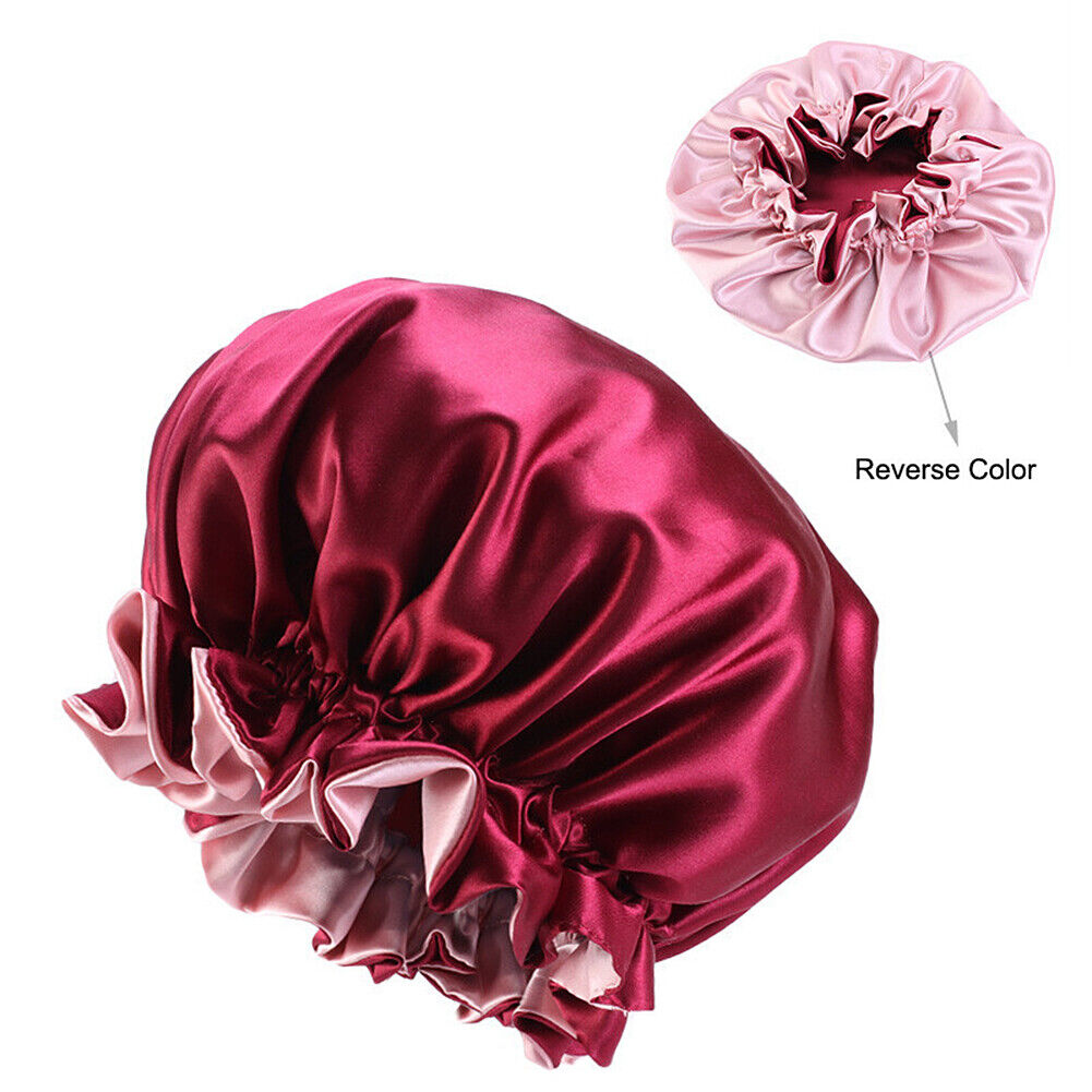 US Double-sided Satin Night Sleep Cap Hair Bonnet Hat Head Cover w/ Elastic Band
