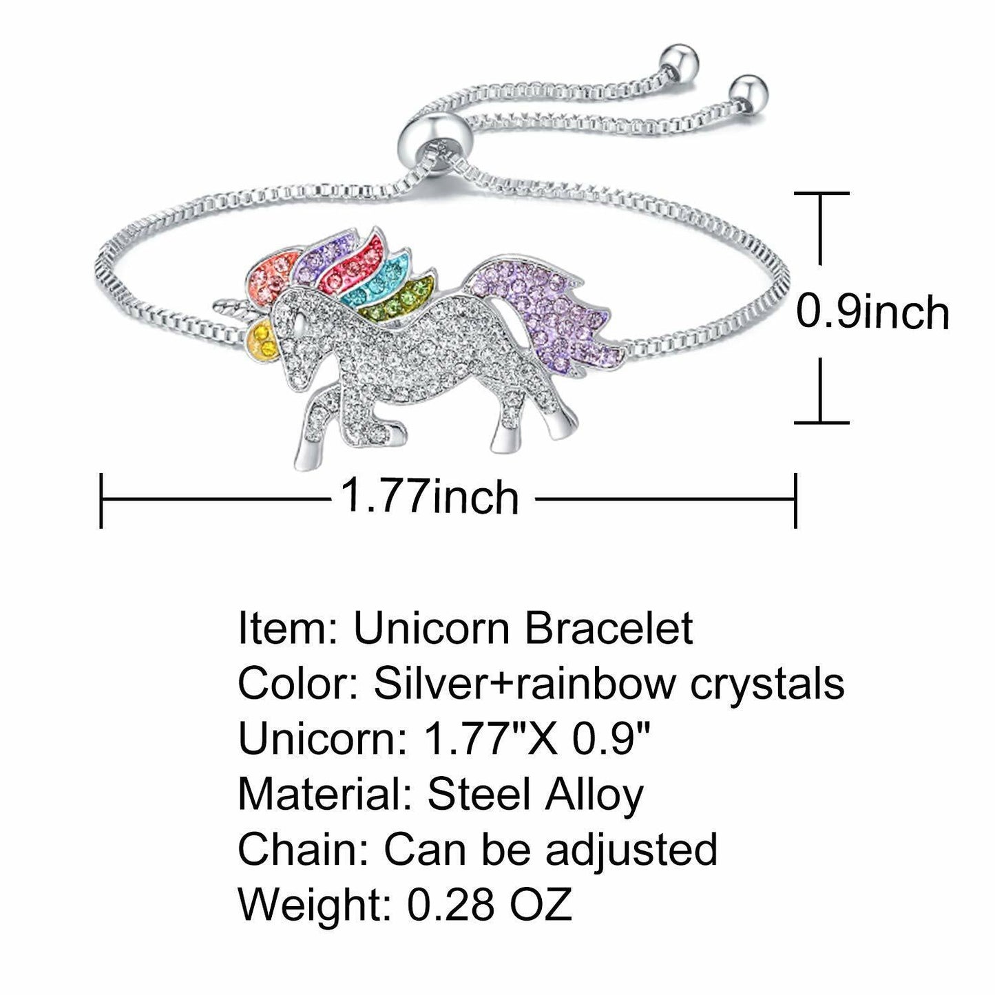 Unicorn Jewelry Set Rainbow Rhinestone Crystal Necklace, Bracelet, Earring,Ring