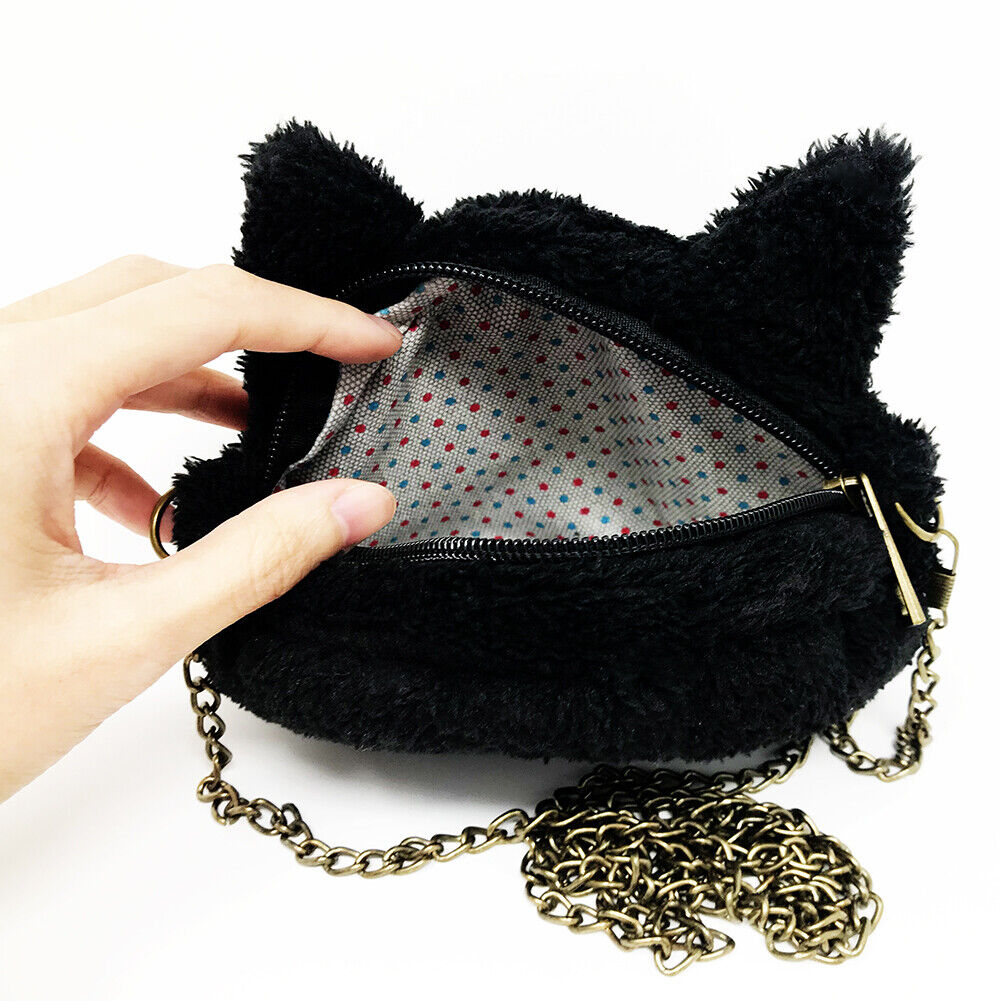 US Women Cat Kitten Butt Fluffy Plush Chain Handbag Purse Crossbody Shoulder Bag